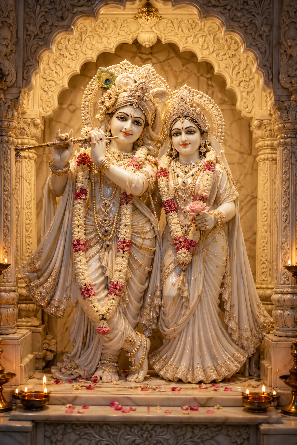 Radha Krishna white marble idol illuminated by warm golden light with intricate carving details